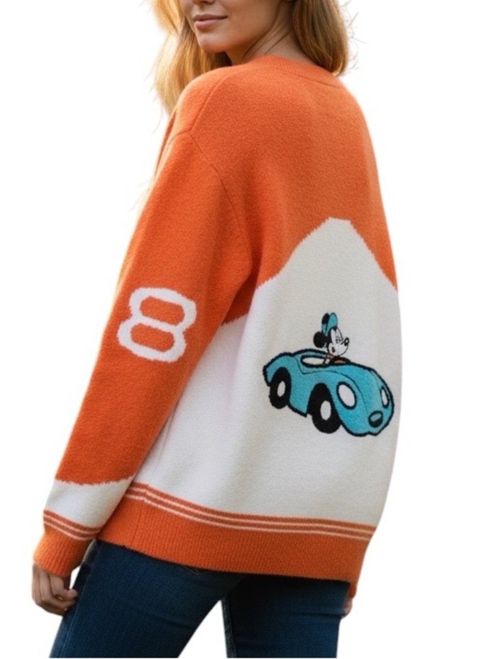 7003. Orange and White Cartoon Car Knit Sweater - Women's Cardigan